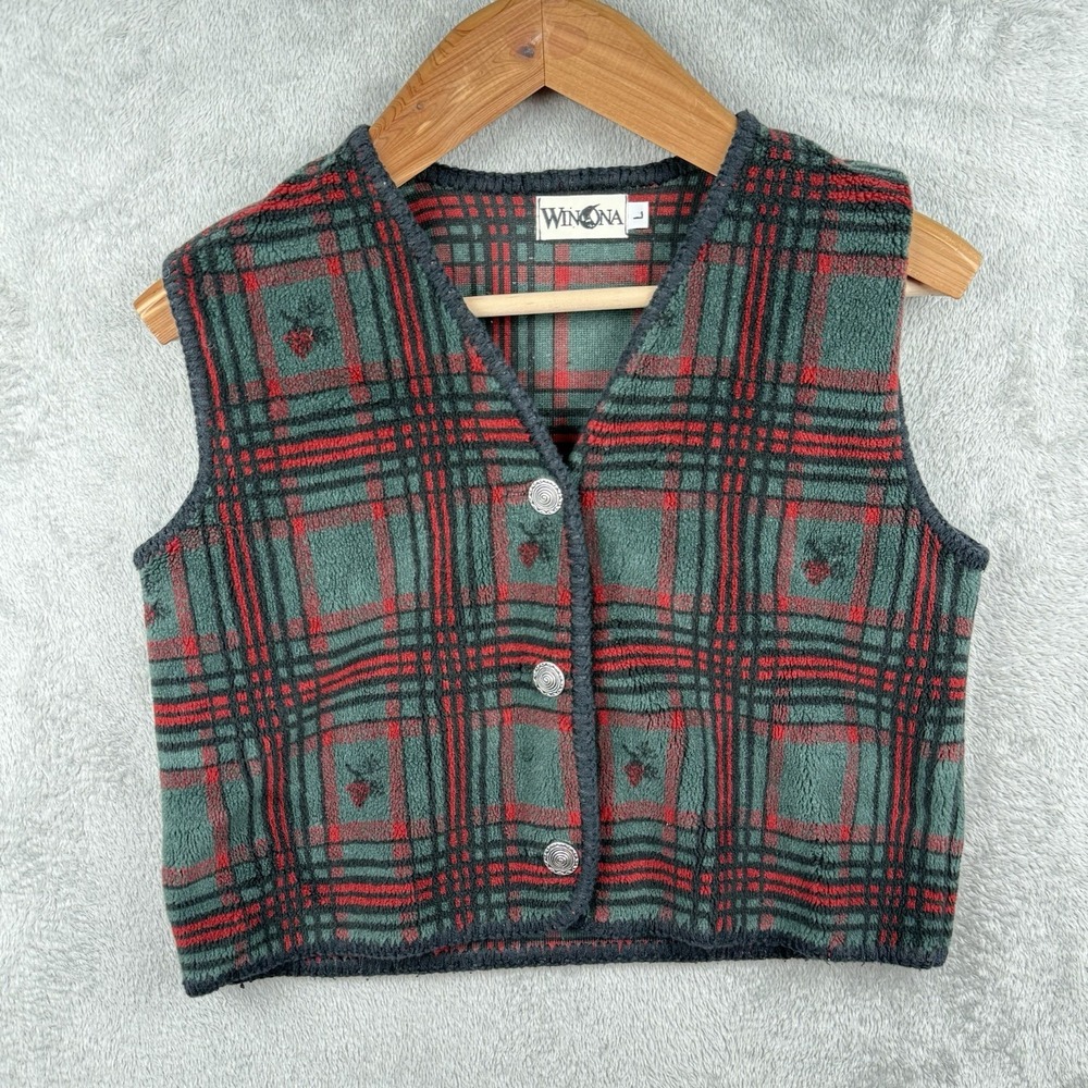 Winona Vest Womens L Red Green Tartan Plaid Retro Holiday Winter USA Made VTG